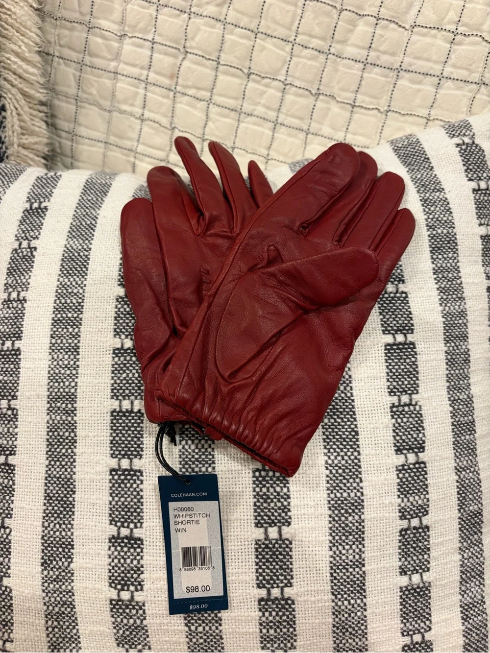 Cole Haan Leather Whipstitch Gloves Cashmere Wool Lined NWT Large